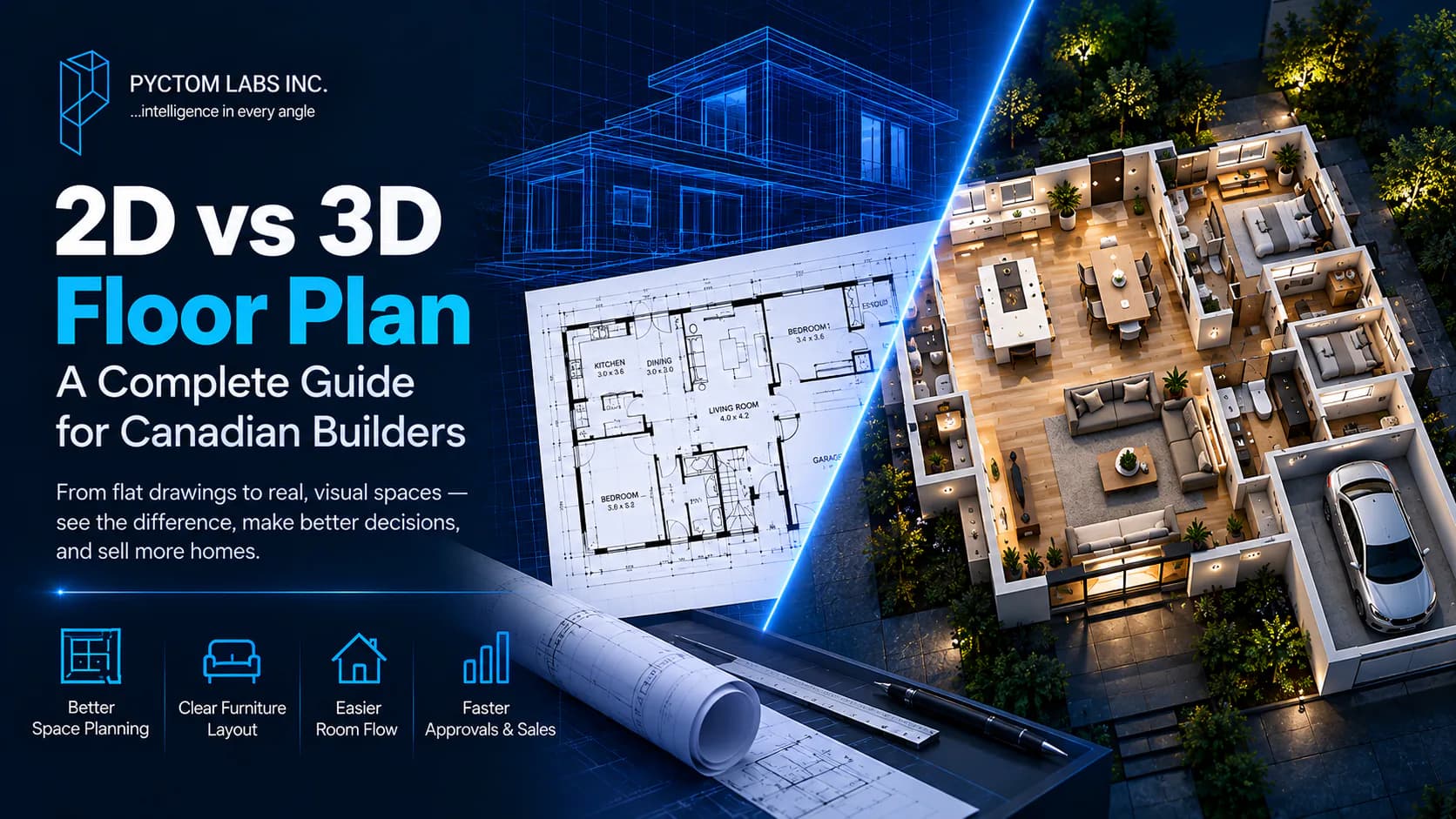 What's the Difference Between a 3D Floor Plan and a 2D Blueprint? 2D vs 3D floor plan guide for Canadian builders: a 2D blueprint turning into a furnished 3D floor plan, with better space planning, clear furniture layout, easier room flow and faster approvals