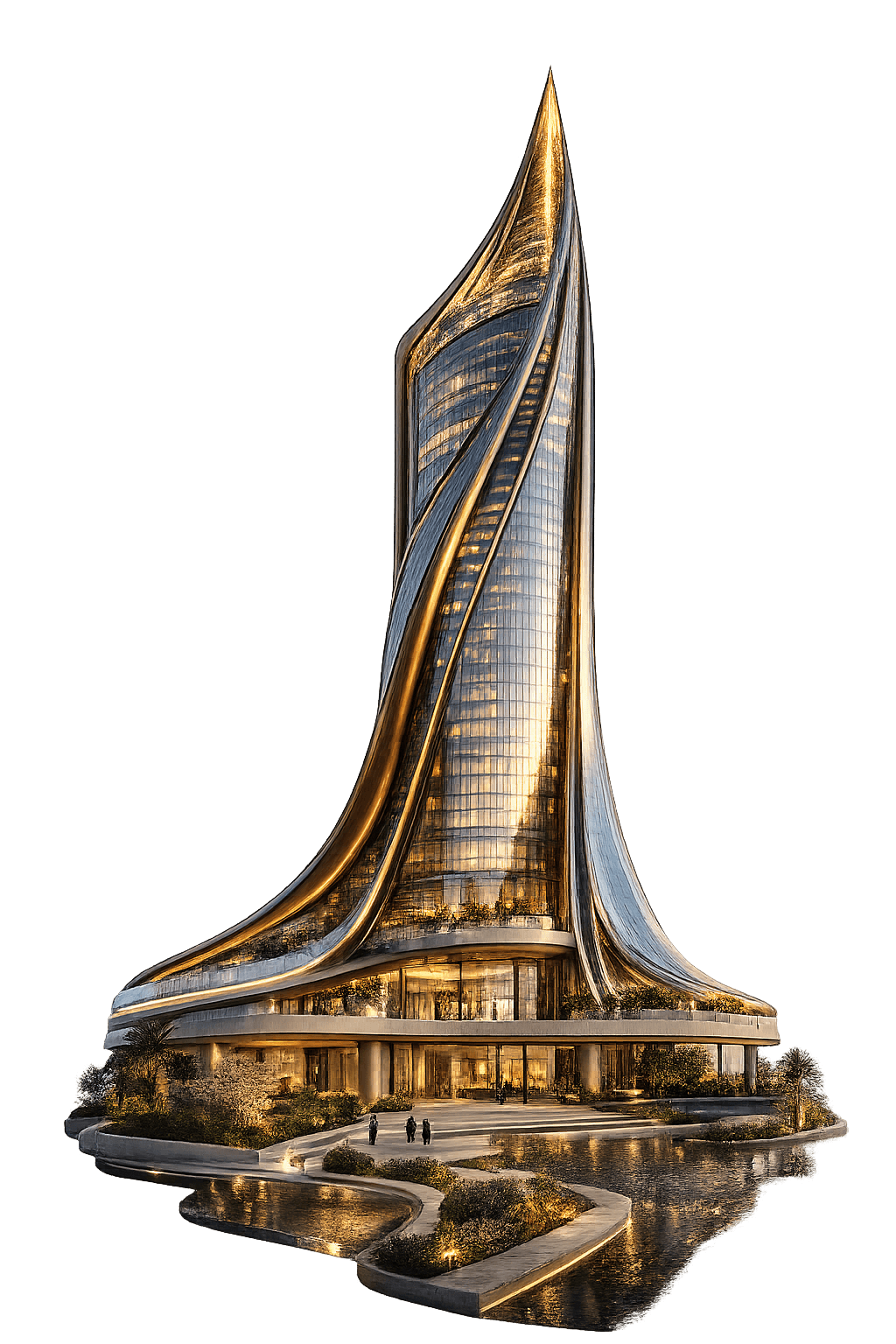 A twisting contemporary tower lit gold at dusk, on a landscaped podium with reflecting pools