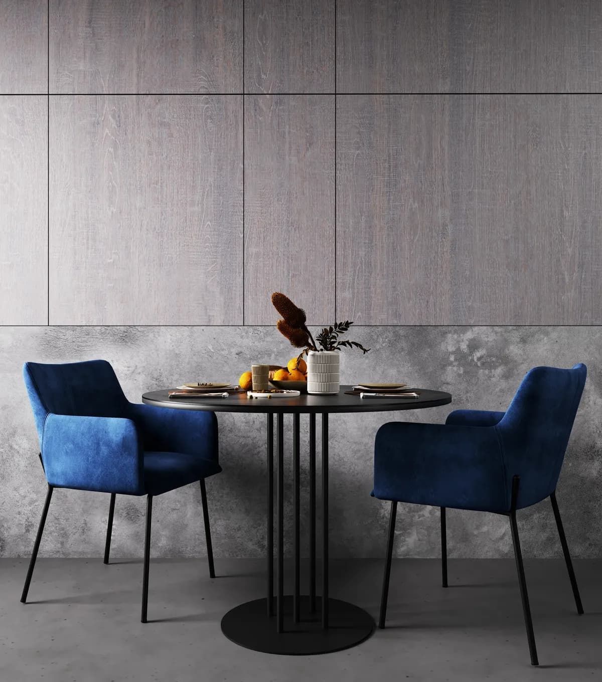 A Pyctom interior visualization: a round black dining table set for two, flanked by blue velvet armchairs against a panelled timber and concrete wall