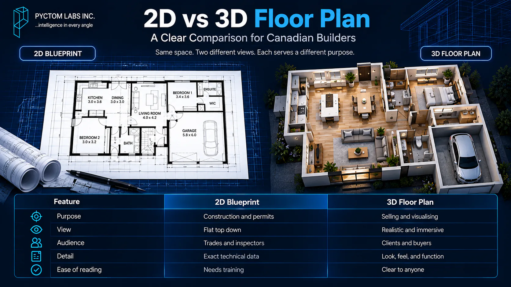 2D vs 3D floor plan comparison for Canadian builders: a 2D blueprint beside a furnished 3D floor plan, compared on purpose, view, audience, detail and ease of reading