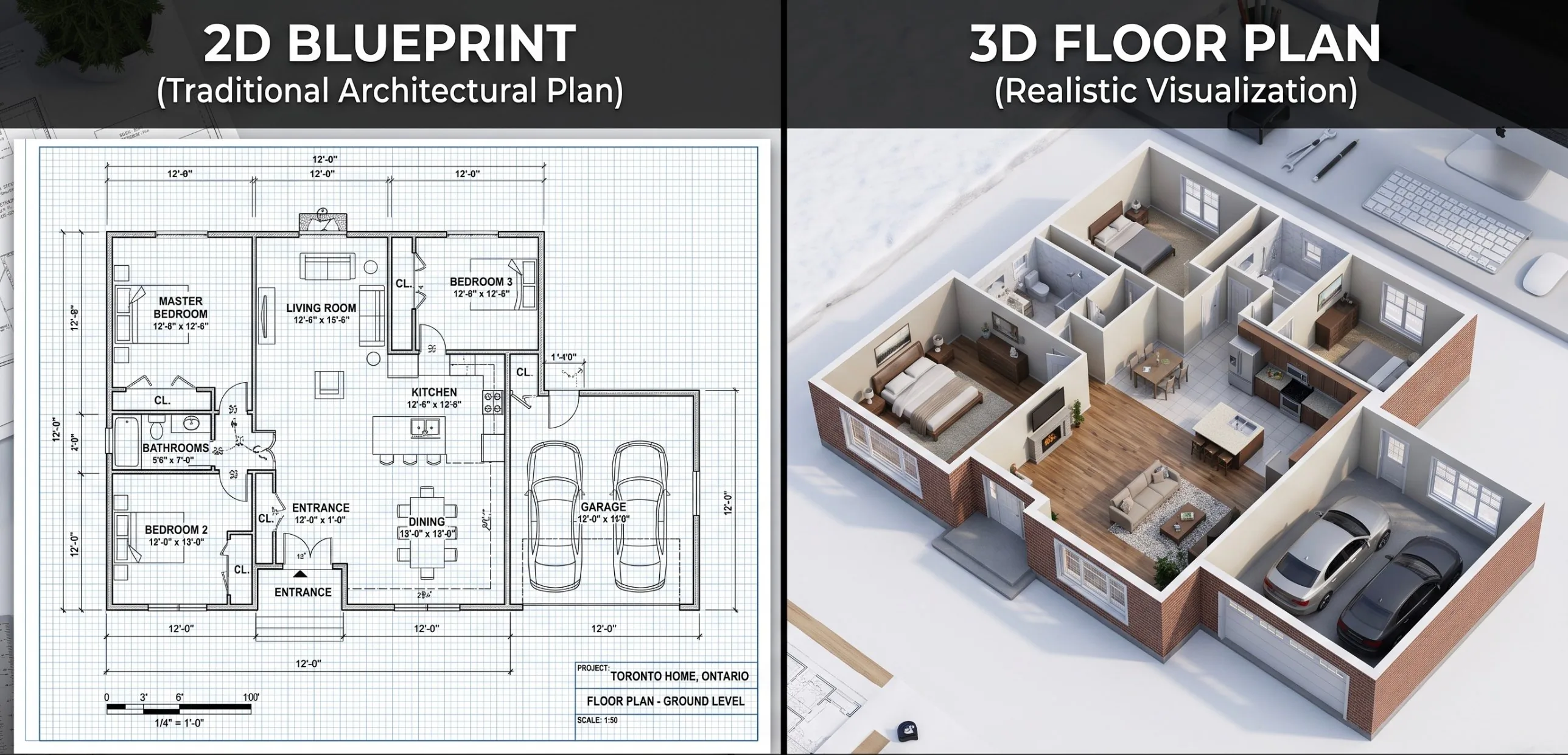 Side-by-side example of a 2D blueprint for a Toronto home with room dimensions and the same home as a furnished 3D floor plan with a two-car garage