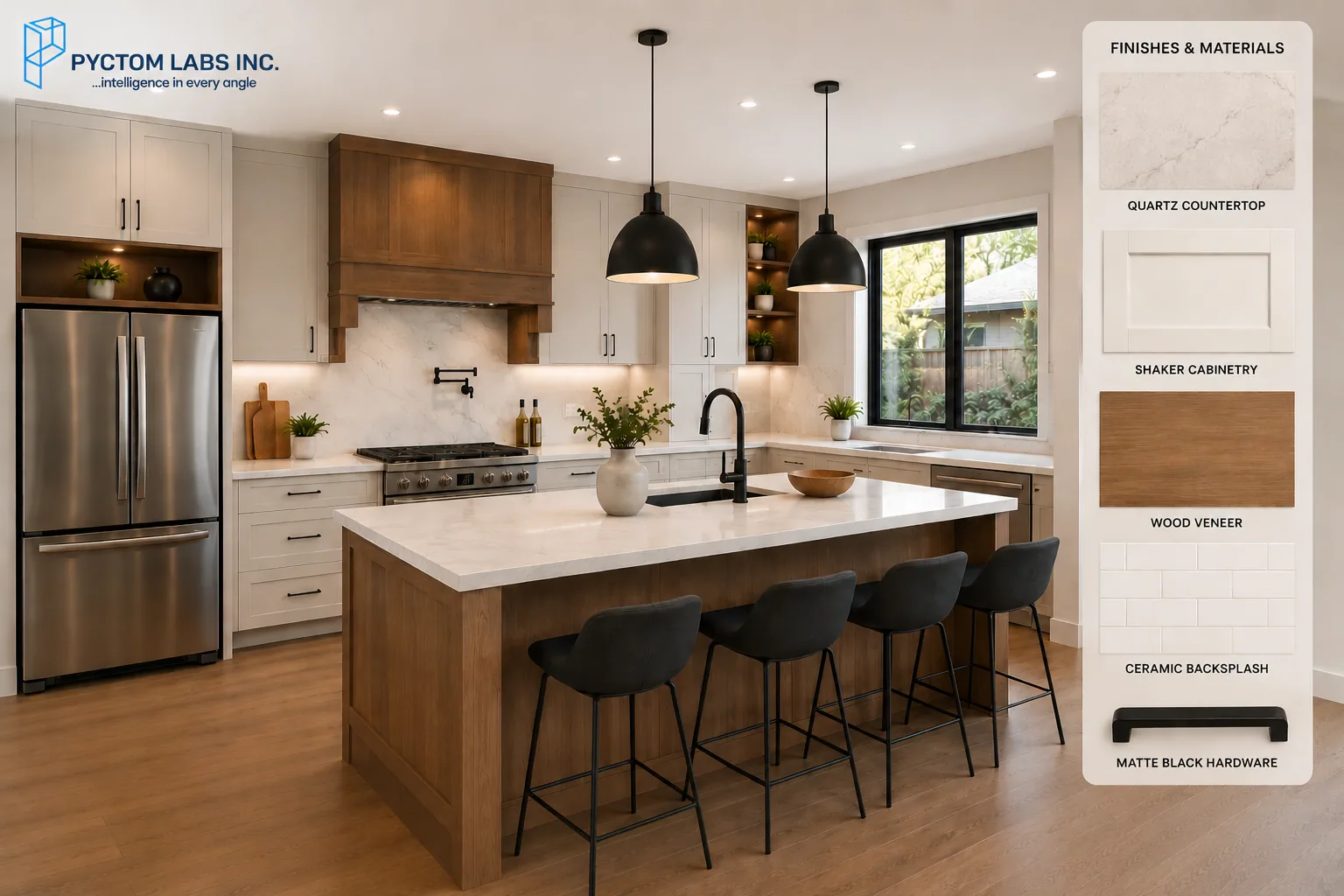 3D kitchen render shown beside its finishes and materials board: quartz countertop, shaker cabinetry, wood veneer, ceramic backsplash and matte black hardware