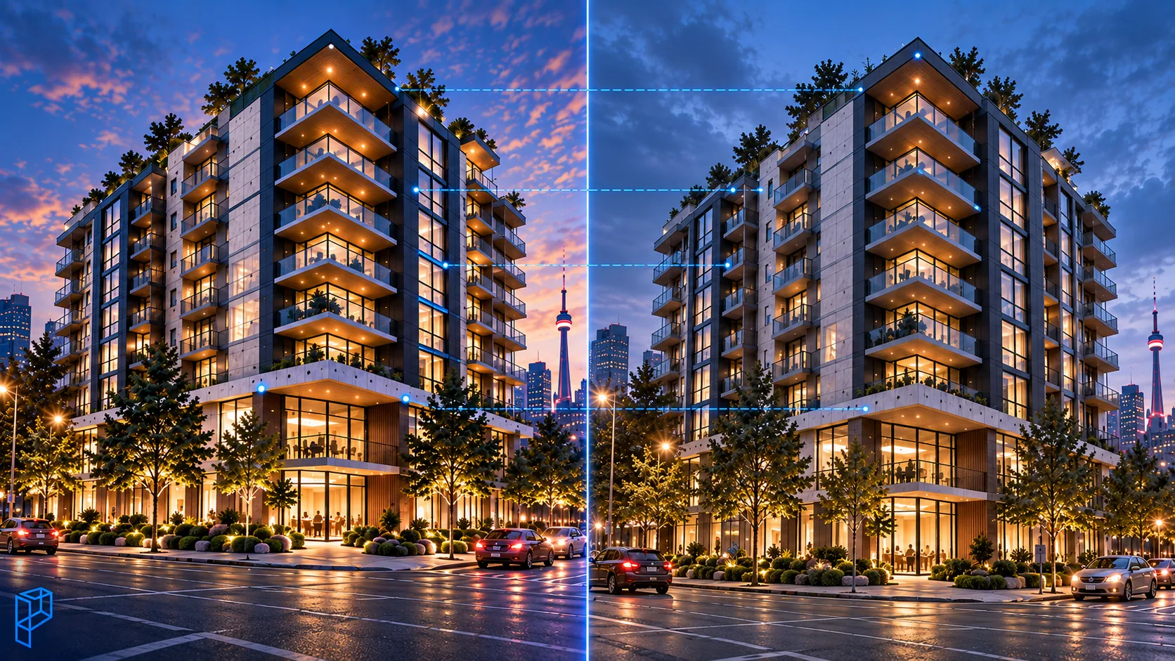 Architectural render and finished building compared from the same camera angle