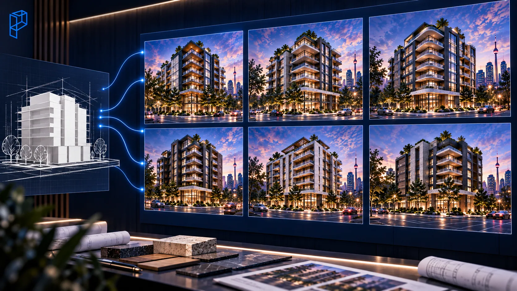 AI-generated architectural concepts showing inconsistent building designs