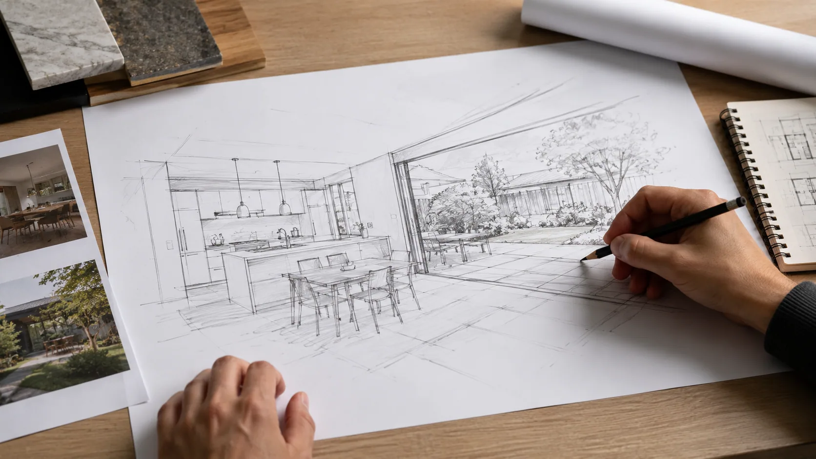 Concept sketch showing kitchen layout and room flow before 3D modelling begins