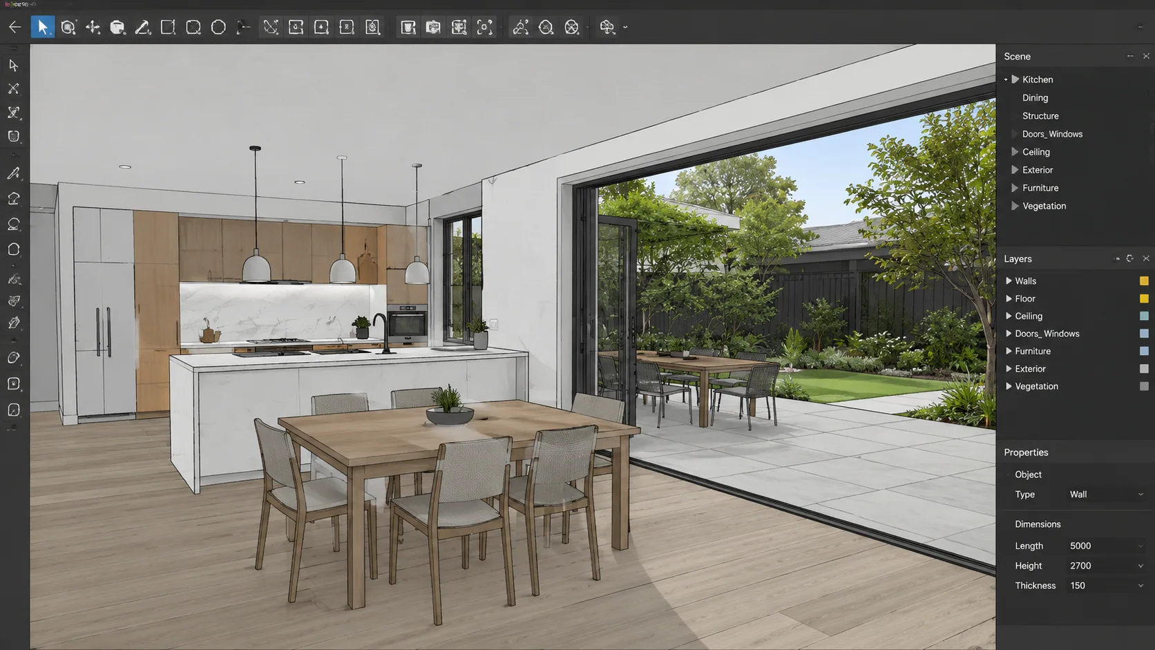 3D model of a kitchen with walls, windows and openings built to accurate proportions