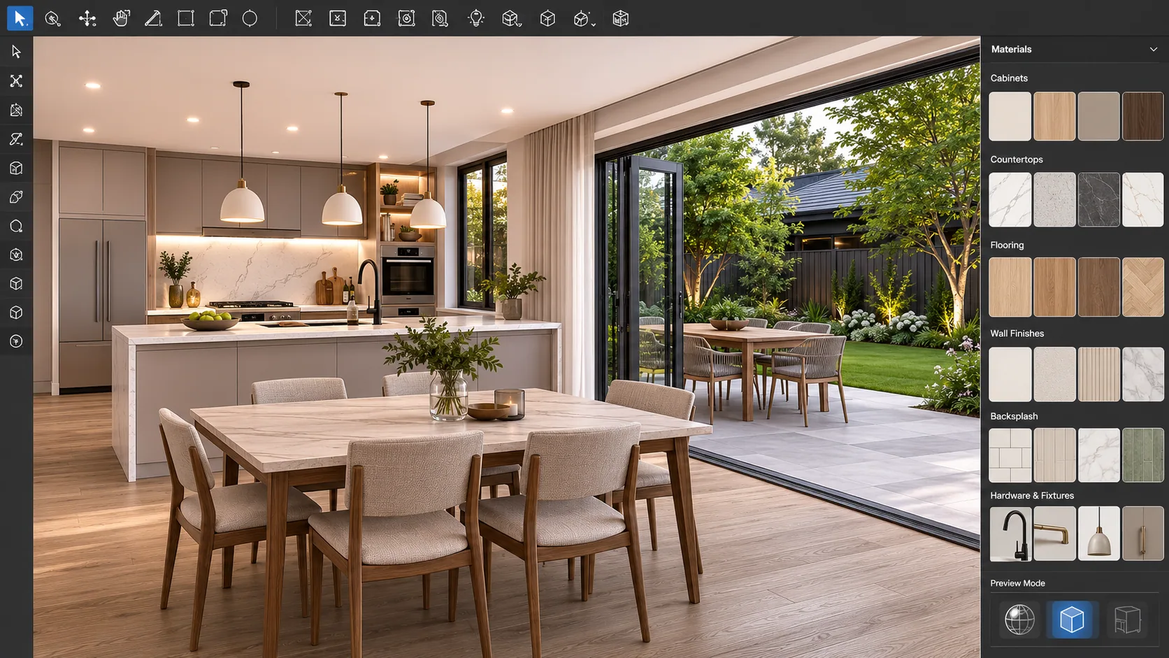 Materials and finishes applied to a 3D kitchen model, showing cabinetry, flooring and countertop options