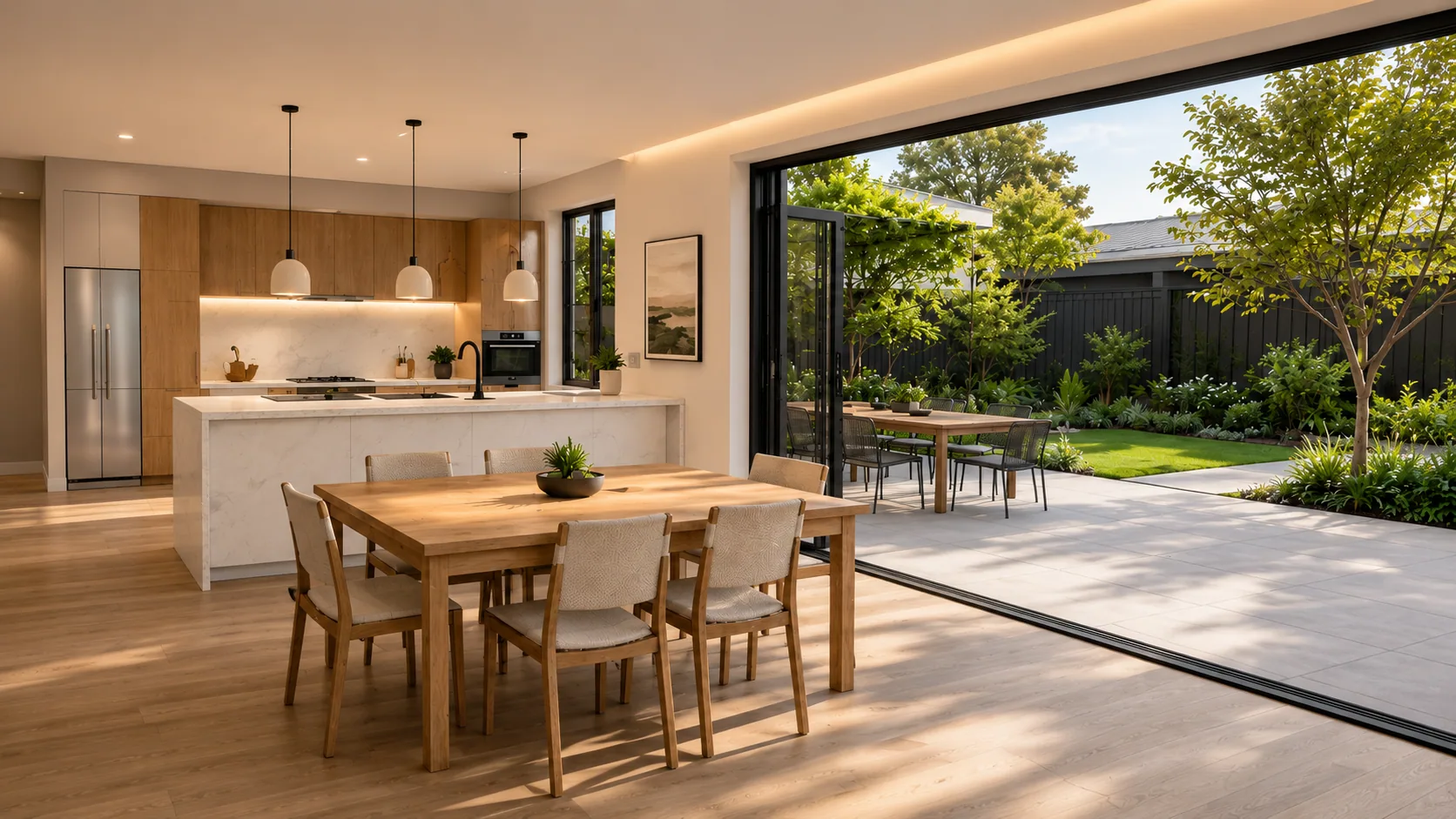 Daylight and artificial lighting simulated in a 3D kitchen render to show how the room reads through the day
