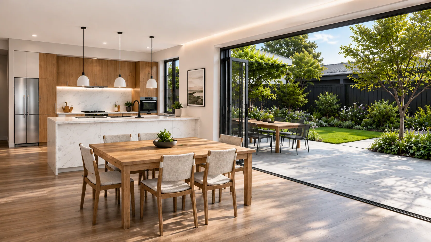 Post production pass on a photoreal kitchen render, with furniture, decor and outdoor views integrated
