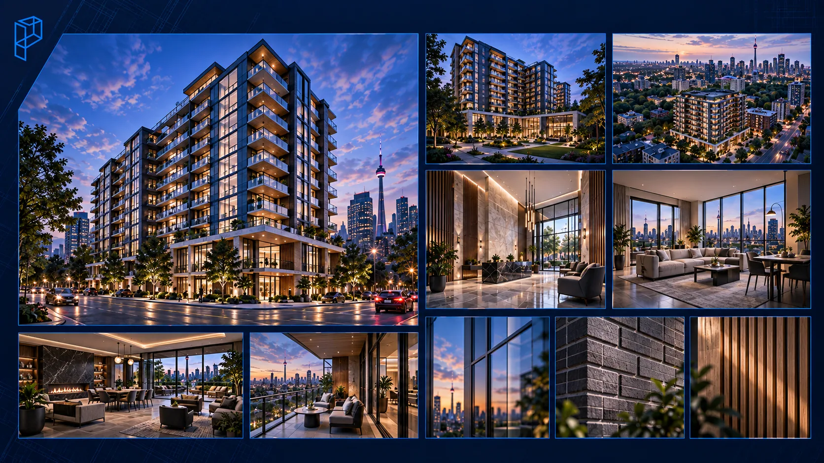 Every rendering from one condominium project laid out together: the dusk hero exterior, courtyard and aerial views, the lobby, a suite, the amenity lounge and terrace, with close-ups of the glass, brick and wood cladding
