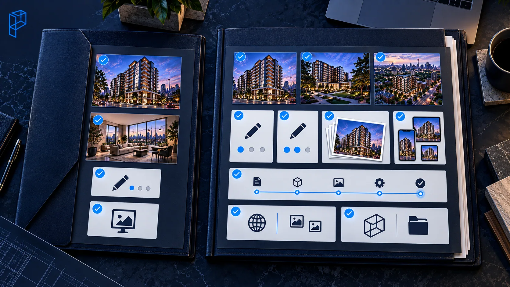 Two rendering quotes compared side by side in a folder: a thin scope with two views, one revision round and a single web file, beside a fuller scope with three views, two rounds, print files, social crops, a staged process and the archived model