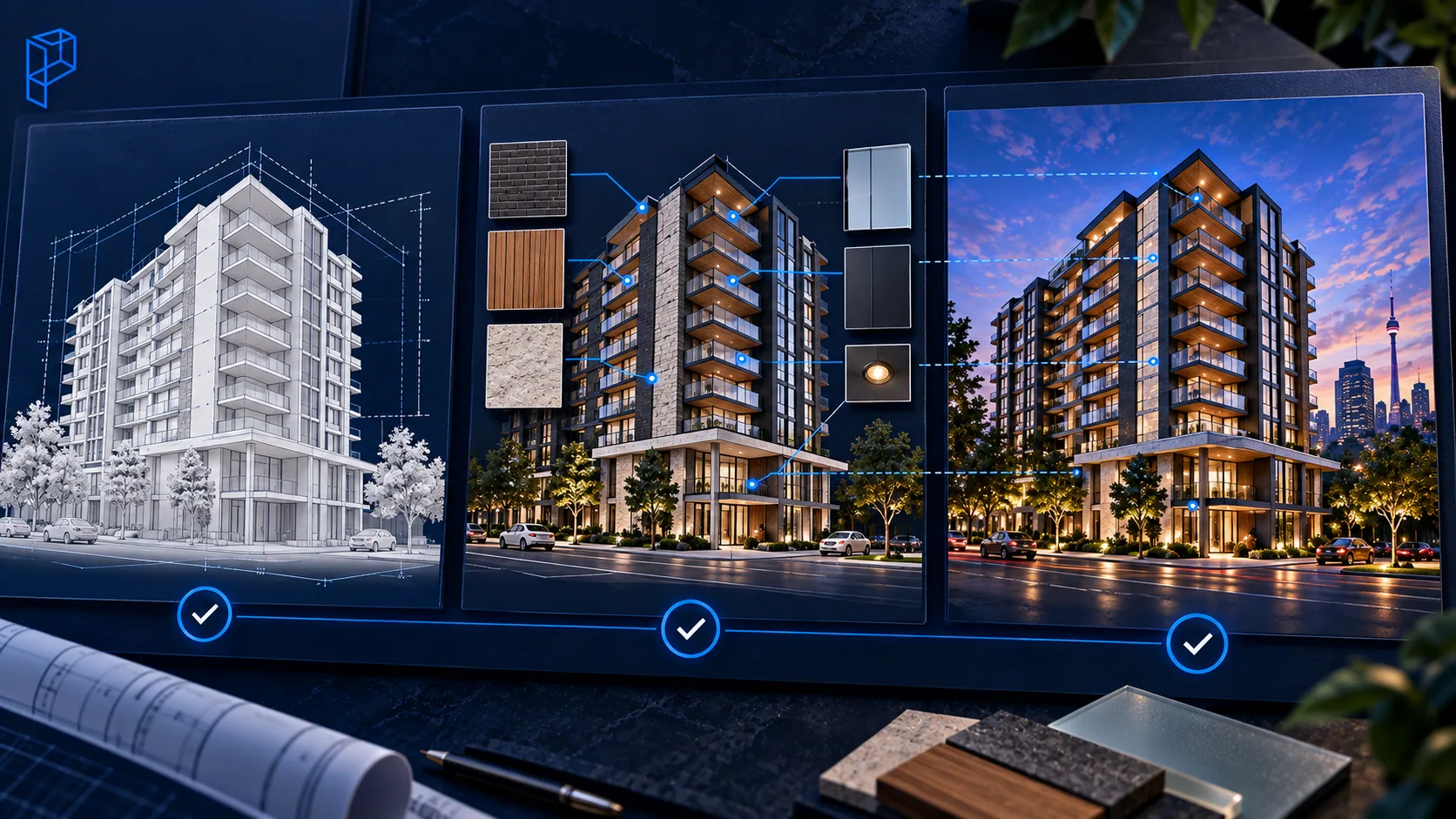 Three approval stages for one building side by side: a white clay render checked against the drawings, the model with brick, wood, stone, glass and lighting samples wired to each surface, and the final dusk rendering, each stage ticked off