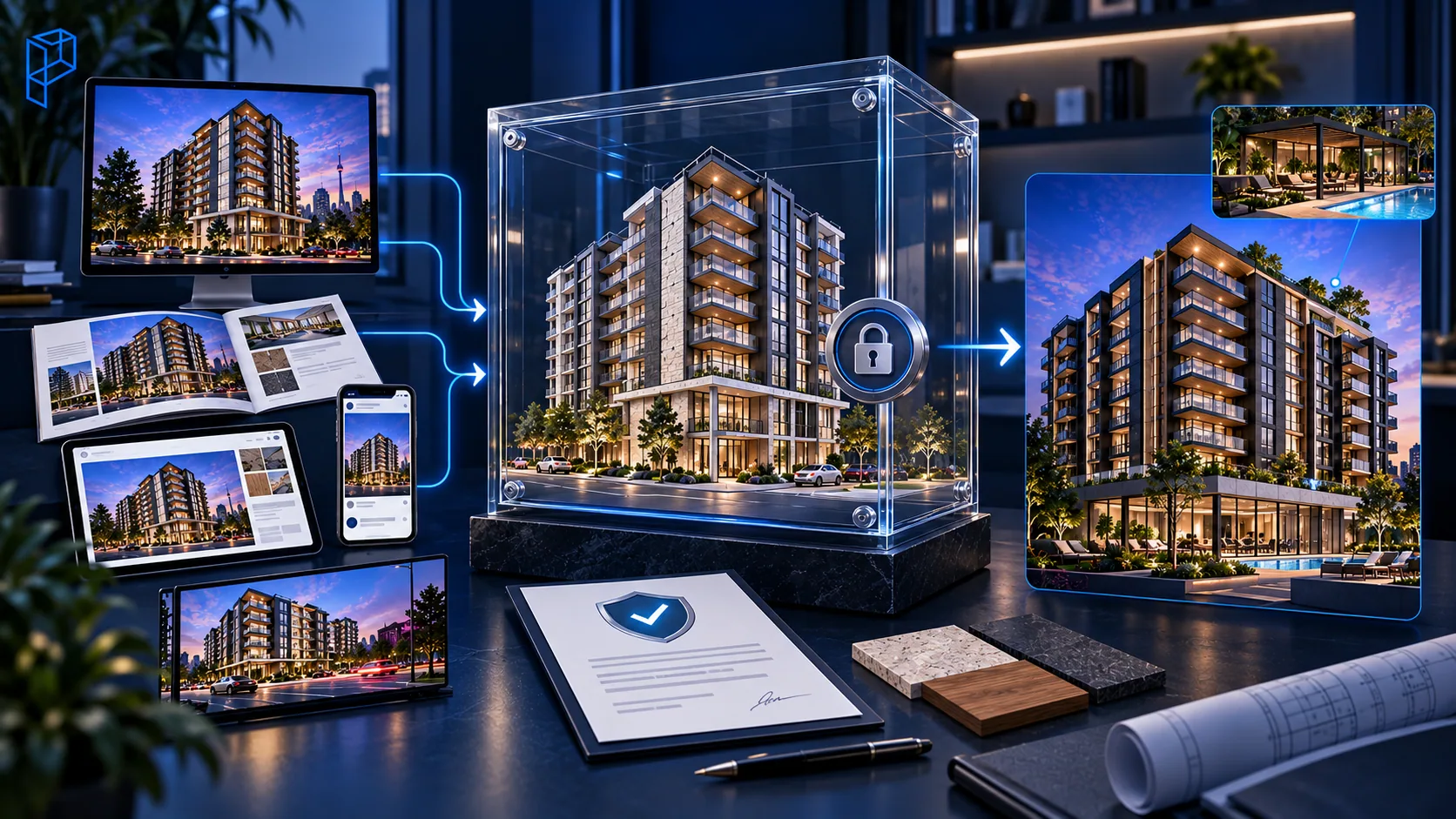 Finished renderings on a monitor, brochure, tablet, phone and billboard all flow from one 3D building model kept under lock beside a signed licence, and the same model is reused for a phase two rendering with a new pool and cabana