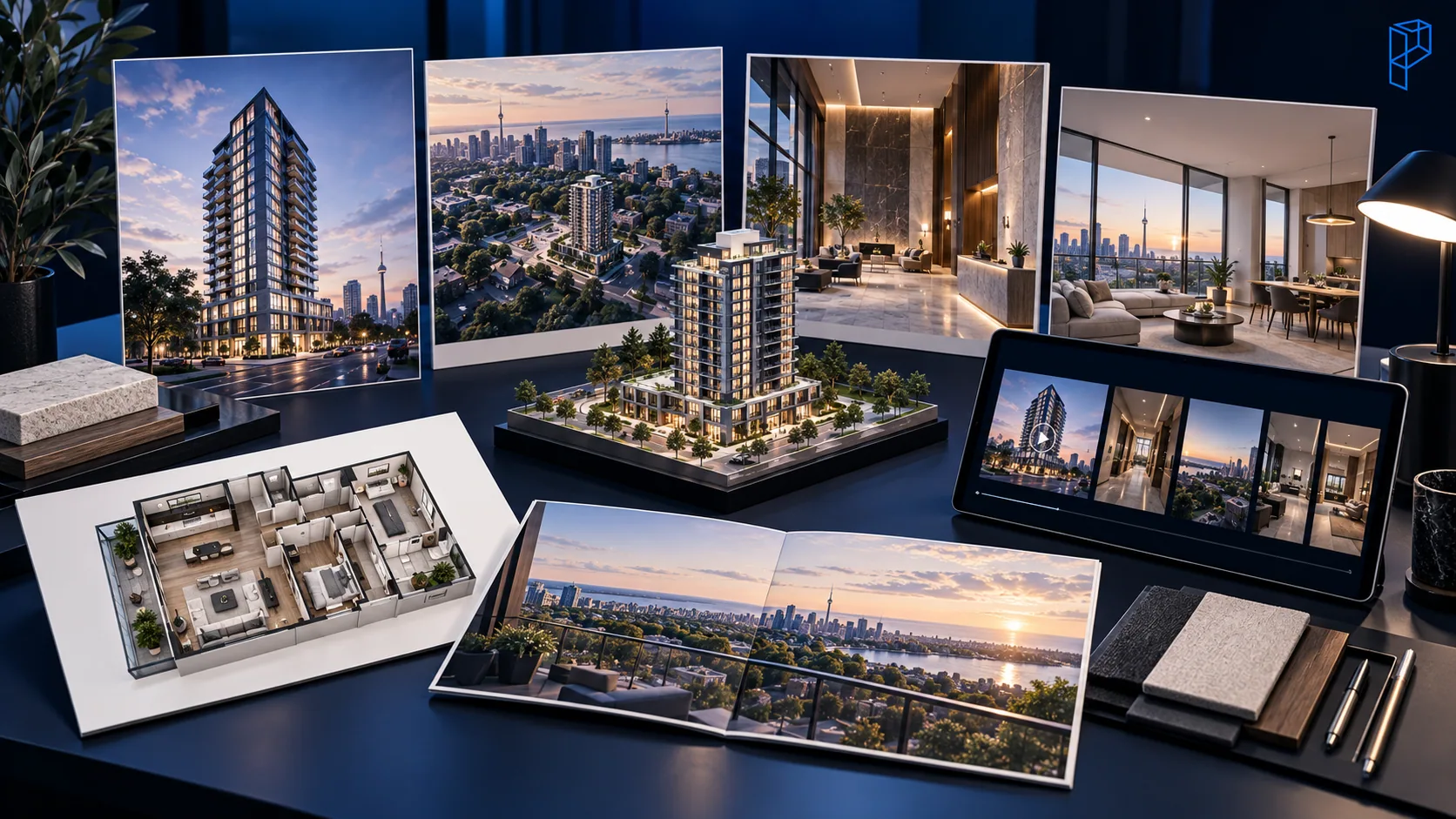 A complete pre-launch rendering package on a sales table: hero exterior and aerial boards, amenity and suite interiors, a physical massing model, a 3D floor plan, a panoramic view print, a tablet of suite views and material samples