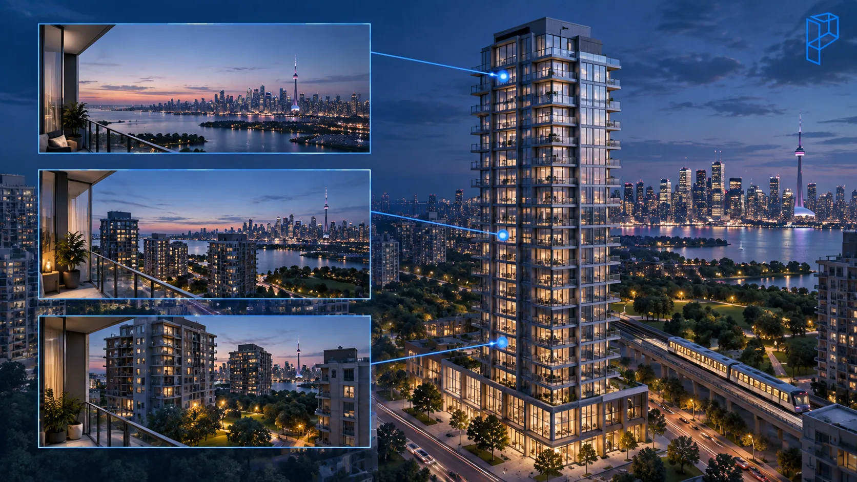 View studies for a condominium tower: three balcony outlooks from different floors shown beside the building, each linked by a line to the floor it was captured from, with the skyline and transit corridor behind