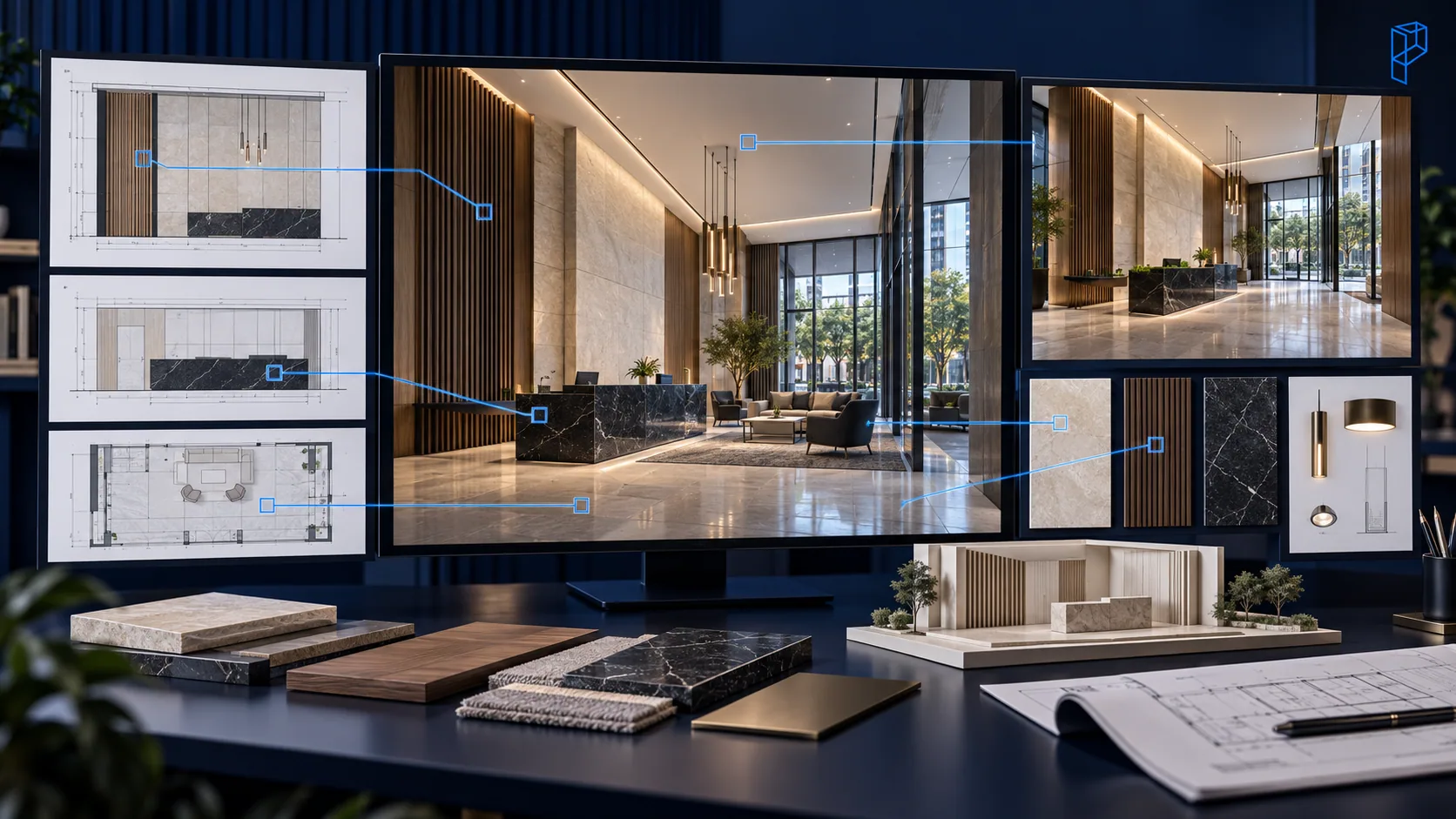 A lobby rendering on screen with callout lines running to elevation drawings, stone and wood samples and light fixture specifications, showing the render built from the specified finish schedule rather than aspirational materials