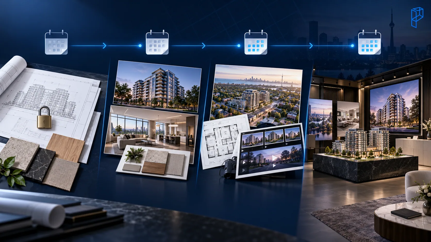 A launch schedule with calendar milestones running left to right above the rendering assets they gate: a locked drawing set, then exterior and interior boards, a 3D floor plan, a tablet of views and a sales centre display