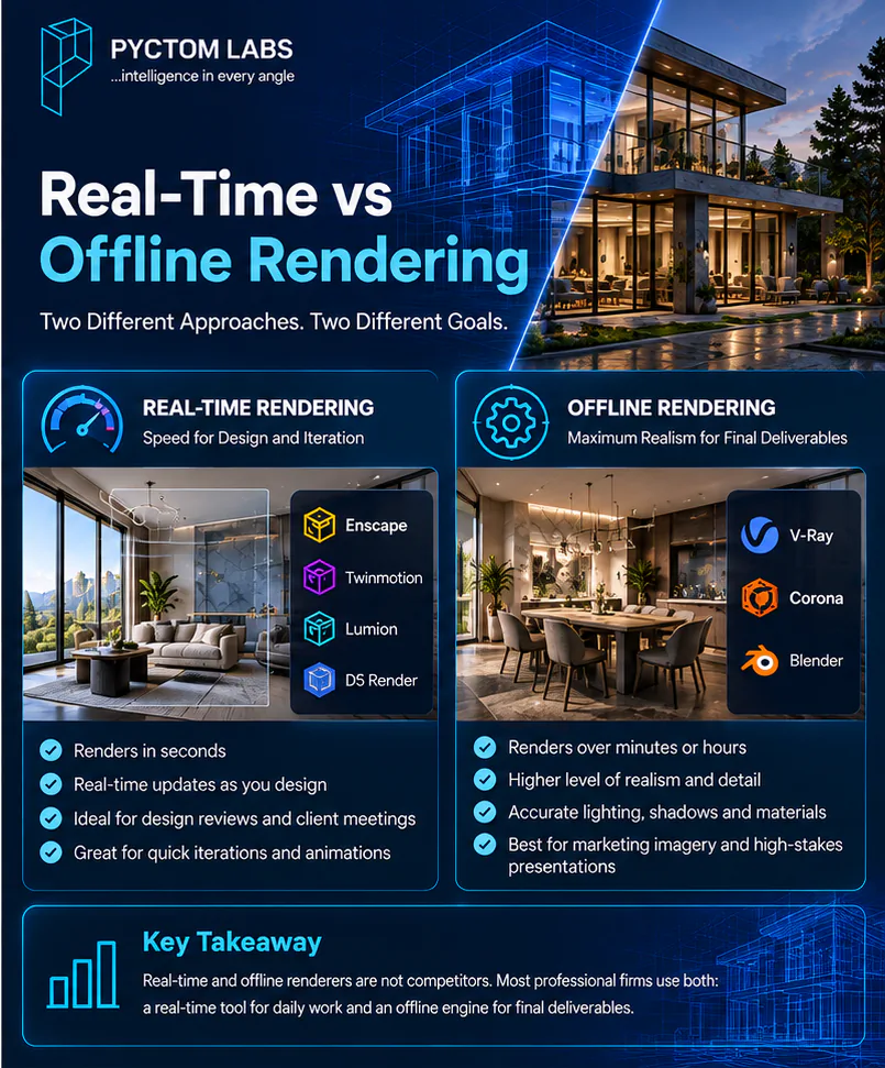 Real-time vs offline rendering comparison: Enscape, Twinmotion, Lumion and D5 for fast design reviews; V-Ray, Corona and Blender for final realism
