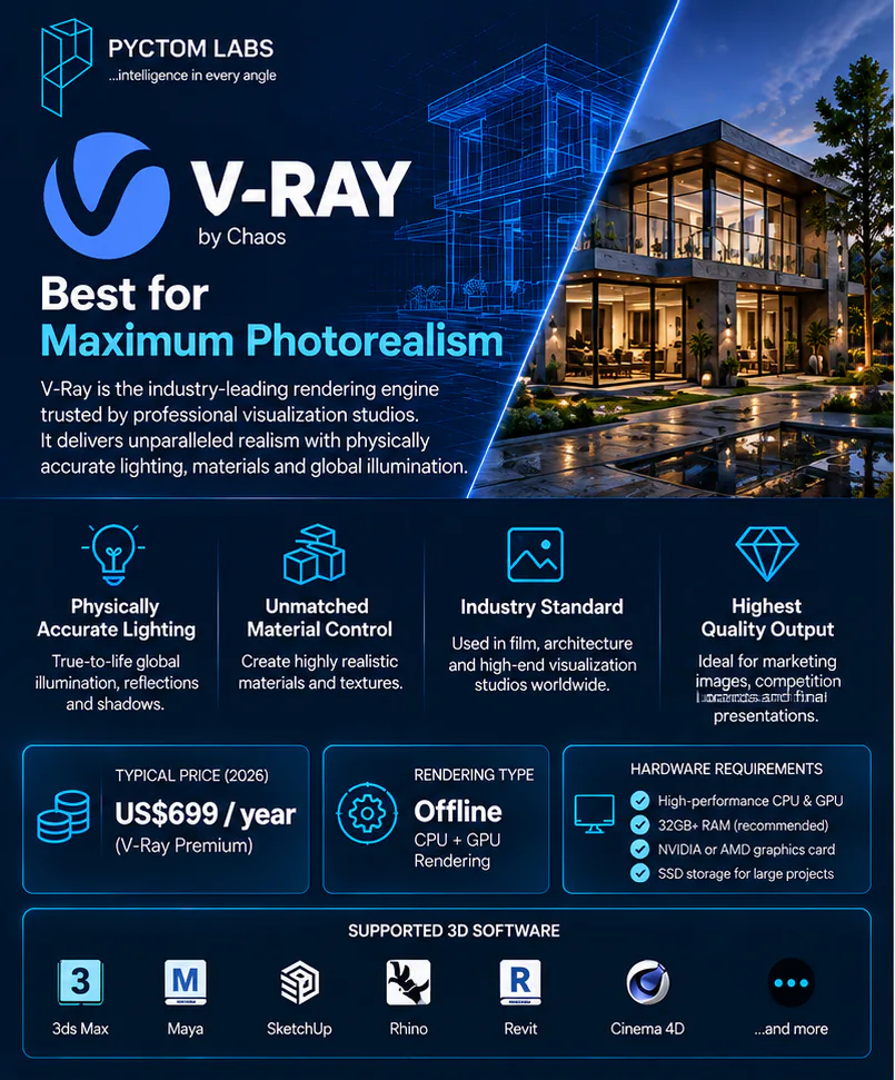 V-Ray rendering software overview with a photoreal modern house render, pricing, hardware requirements and supported 3D software