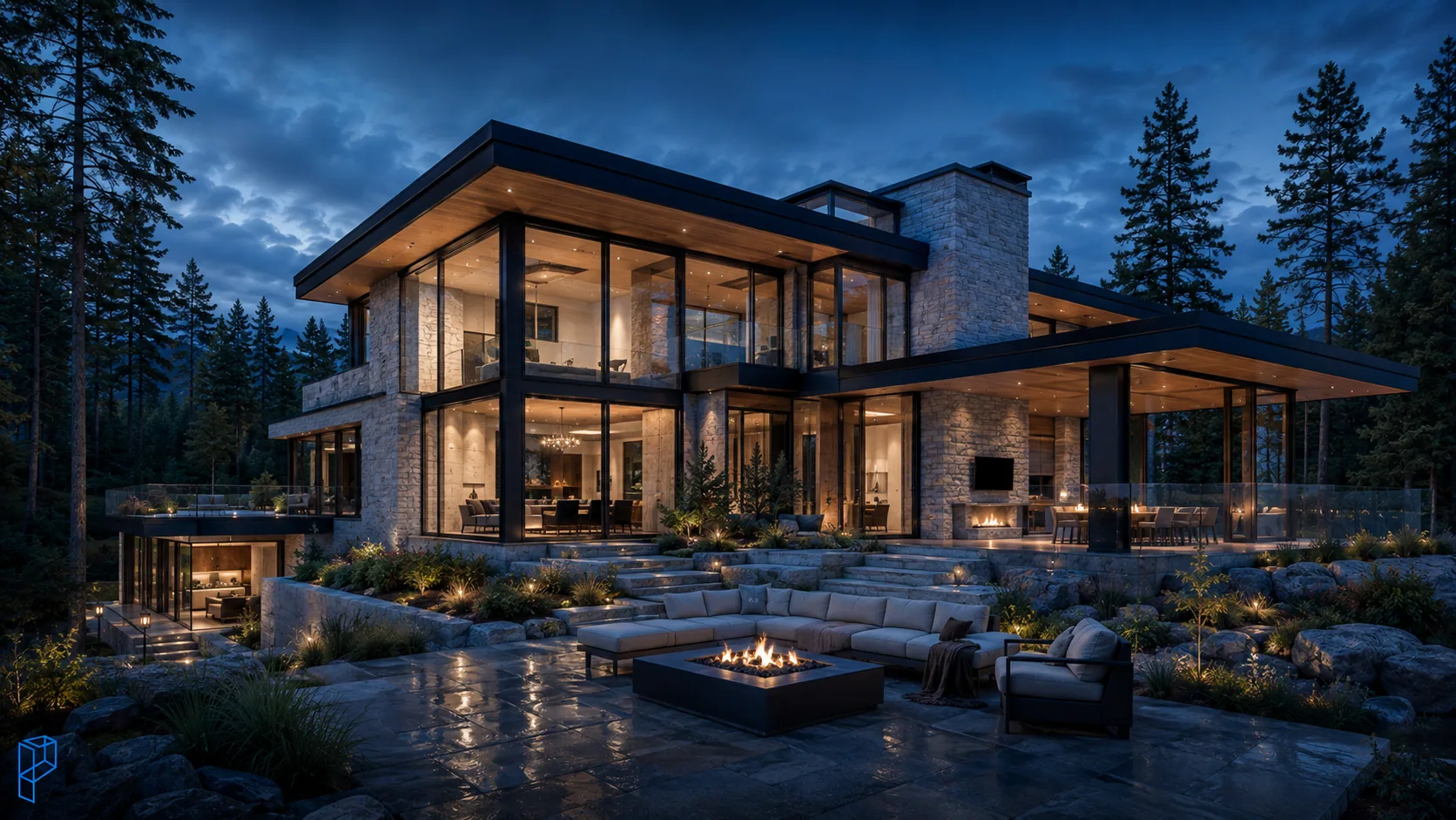 A single photorealistic still render of a modern stone and glass home at dusk, with lit interiors, a terrace fire pit and landscaped surroundings