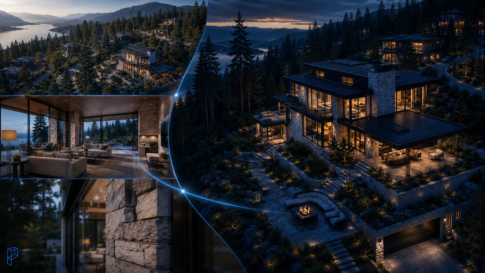The three shots a full architectural animation strings together: an aerial view establishing site and landscape, an interior at eye level, and a night exterior, linked by a camera path