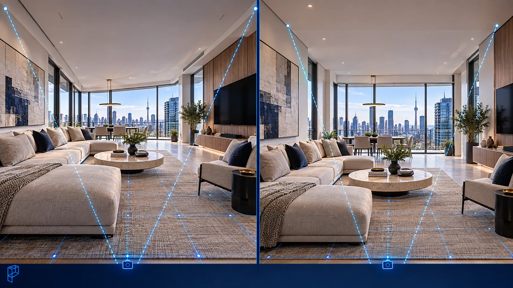 Wide-angle architectural render compared with an accurately proportioned interior view